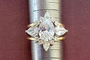 NEW SPECIAL PRICE 14K Y/G Lab Grown Diamond Oval with Pear Shape Trinity Ring with Two Contour Wedding Bands
