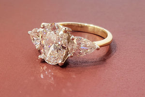 NEW SPECIAL PRICE 14K Y/G Lab Grown Diamond Oval with Pear Shape Trinity Ring with Two Contour Wedding Bands