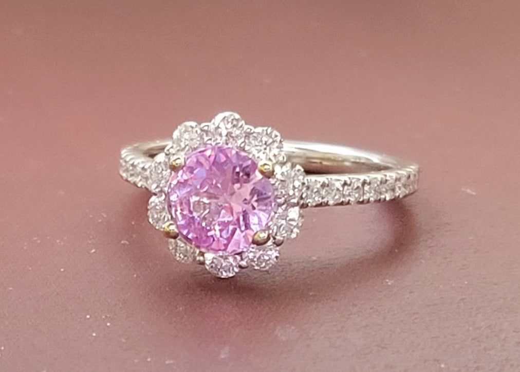 14K W/G Pink Sapphire and Diamond Floral Inspired Ring