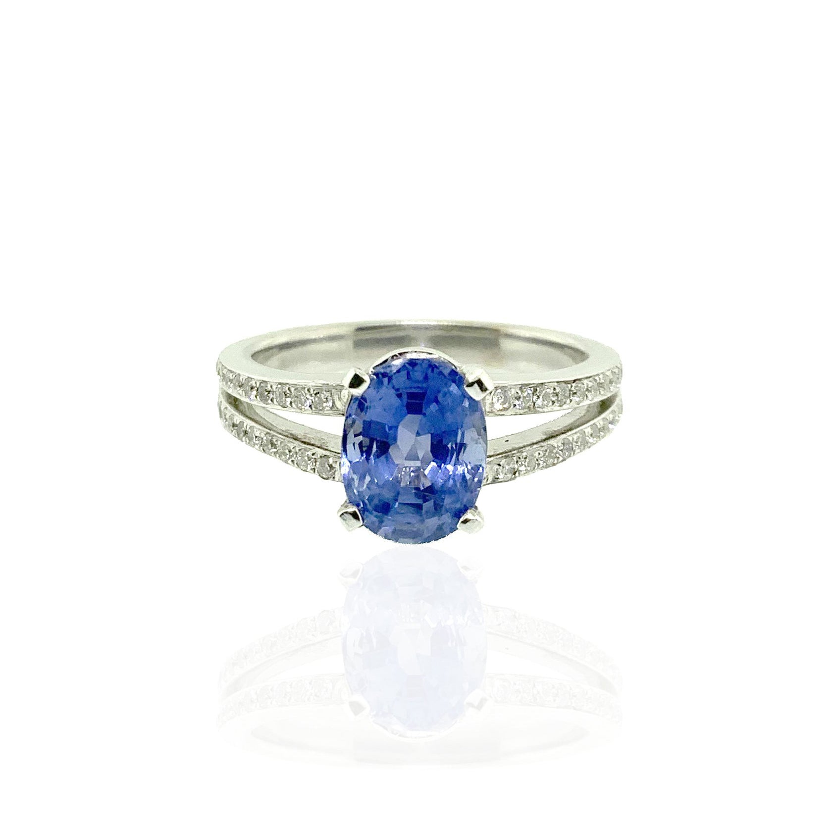 14k White Gold Blue Sapphire and Diamond Ring With Split Shank