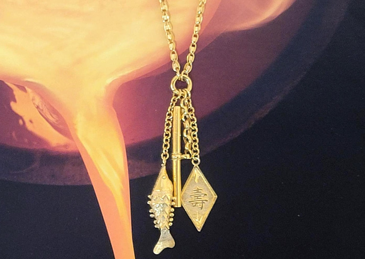 24K Y/G Vintage Fancy Link Necklace with Three Charms