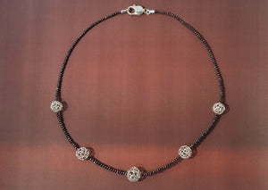Sterling Silver Wire Ball with Black Diamond Beaded Chain Necklace