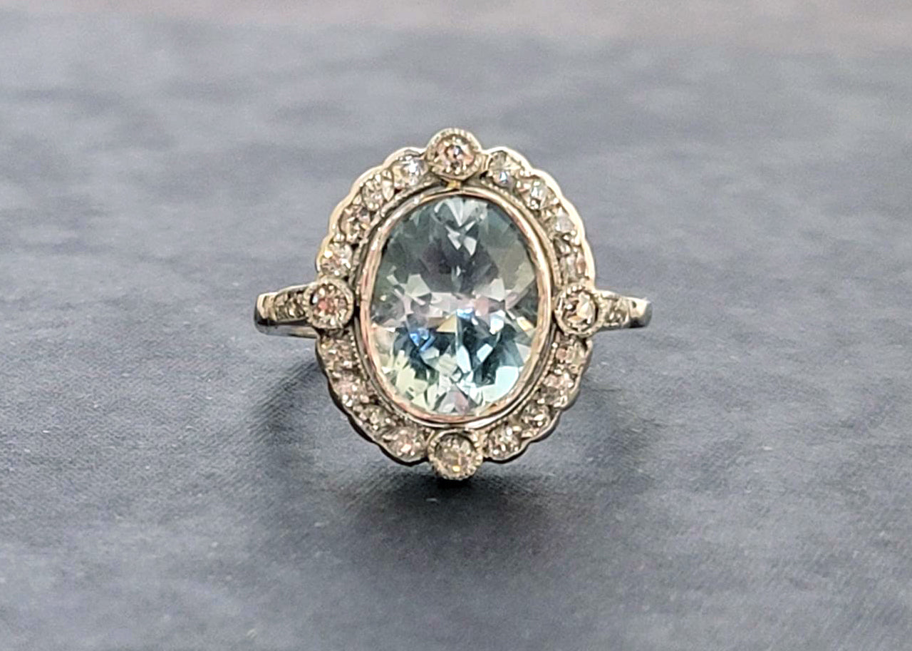 Vintage Platinum Aquamarine and Diamond Ring