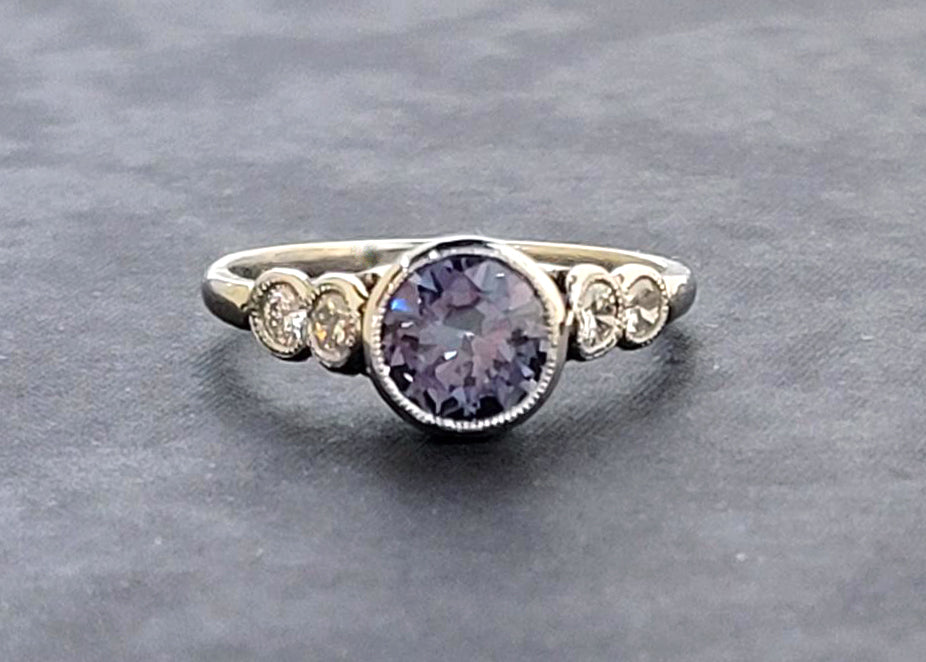 Vintage Platinum Natural Blue-Grey Spinel and Diamond Ring