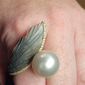 18K Y/G South Sea Pearl Ring with Diamonds and Diamond Dust (Patented)