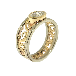 14K Y/W Wide Band Filigree Lab Grown Diamond Ring