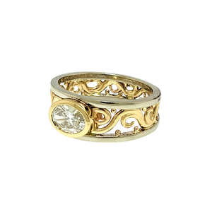 14K Y/W Wide Band Filigree Lab Grown Diamond Ring