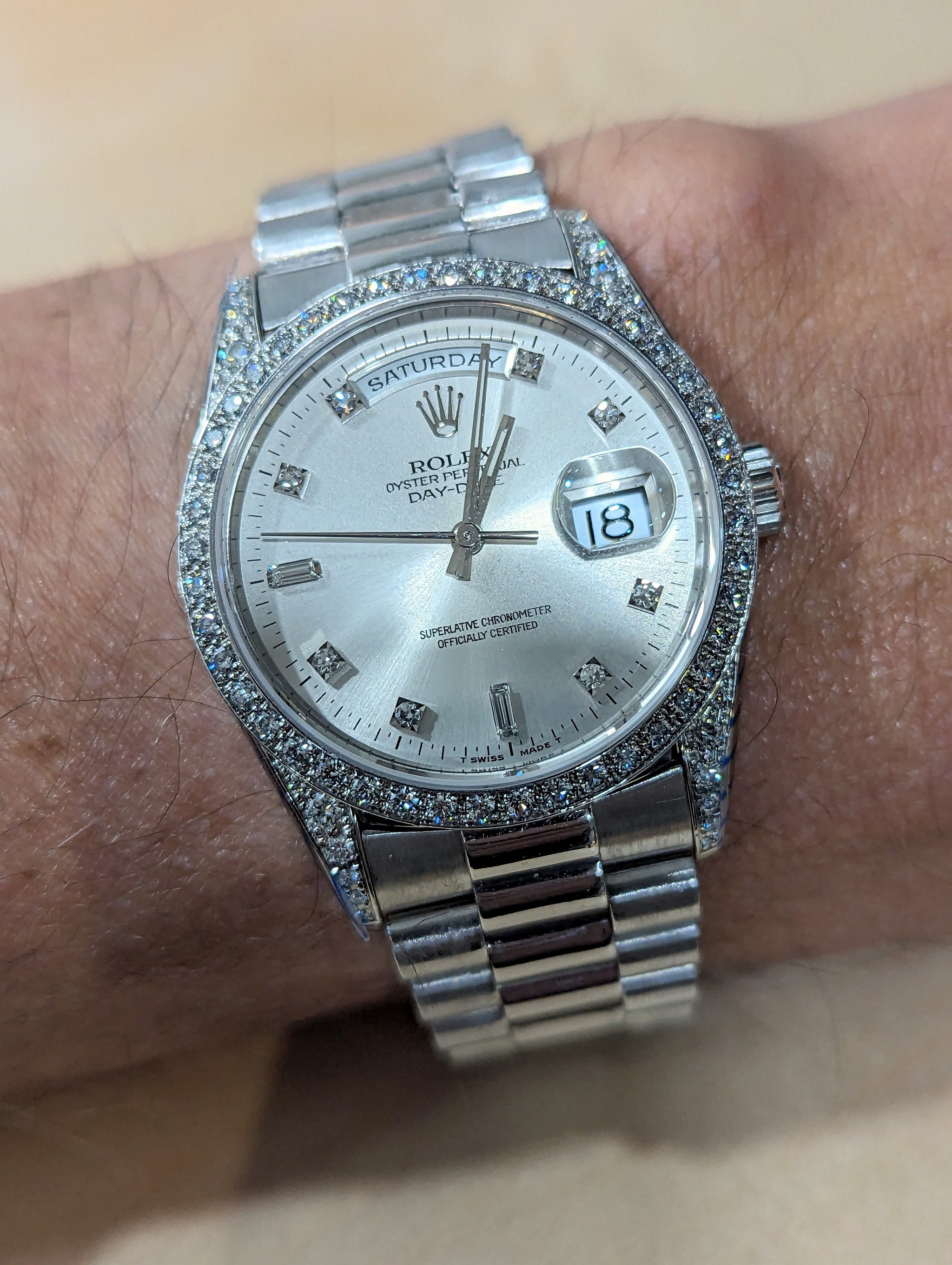 18k W Gold Rolex Day-Date Wristwatch, all factory Diamonds, RARE