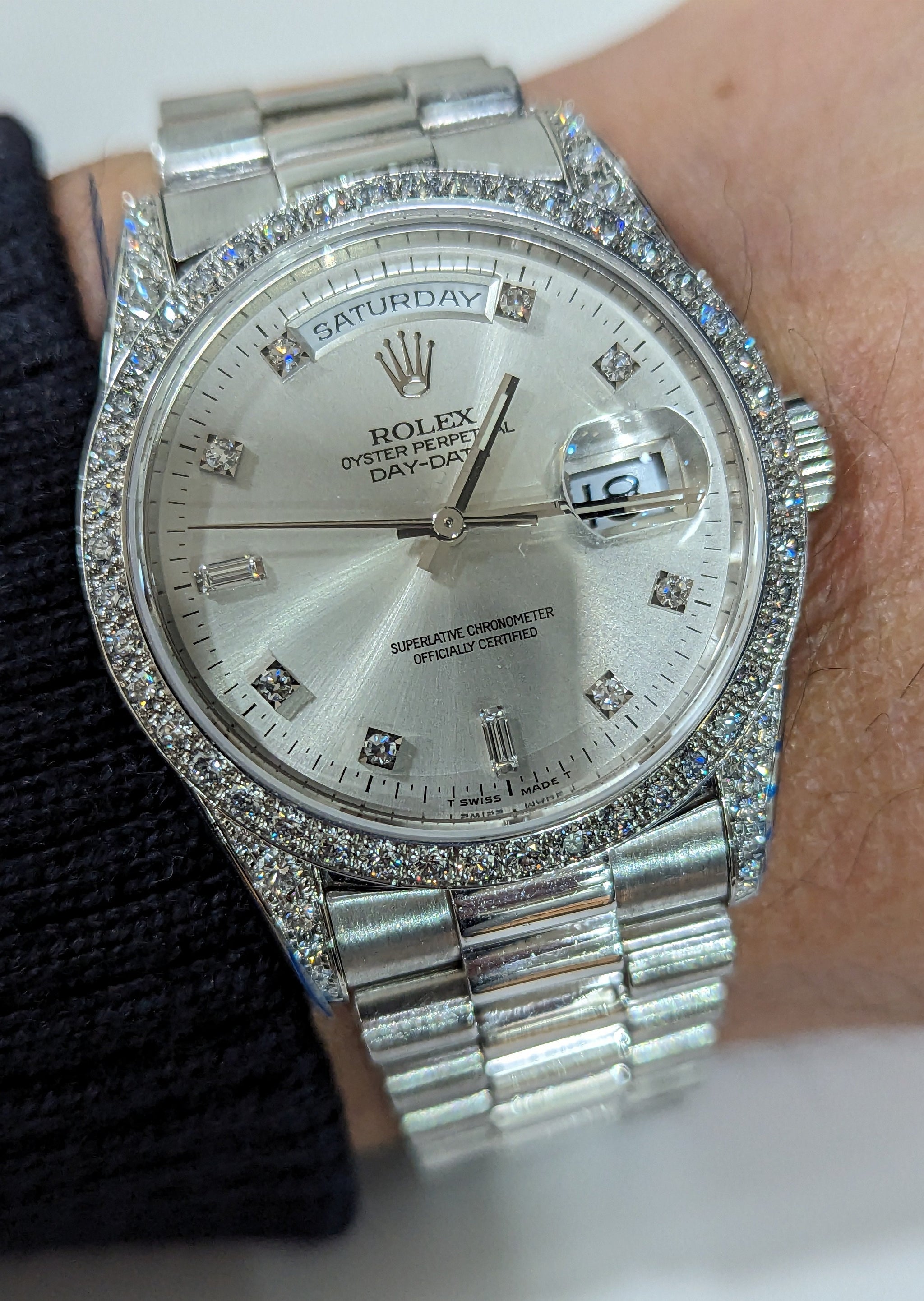 18k W Gold Rolex Day-Date Wristwatch, all factory Diamonds, RARE