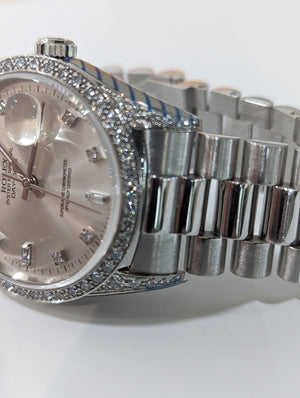 18k W Gold Rolex Day-Date Wristwatch, all factory Diamonds, RARE Ref. 18389