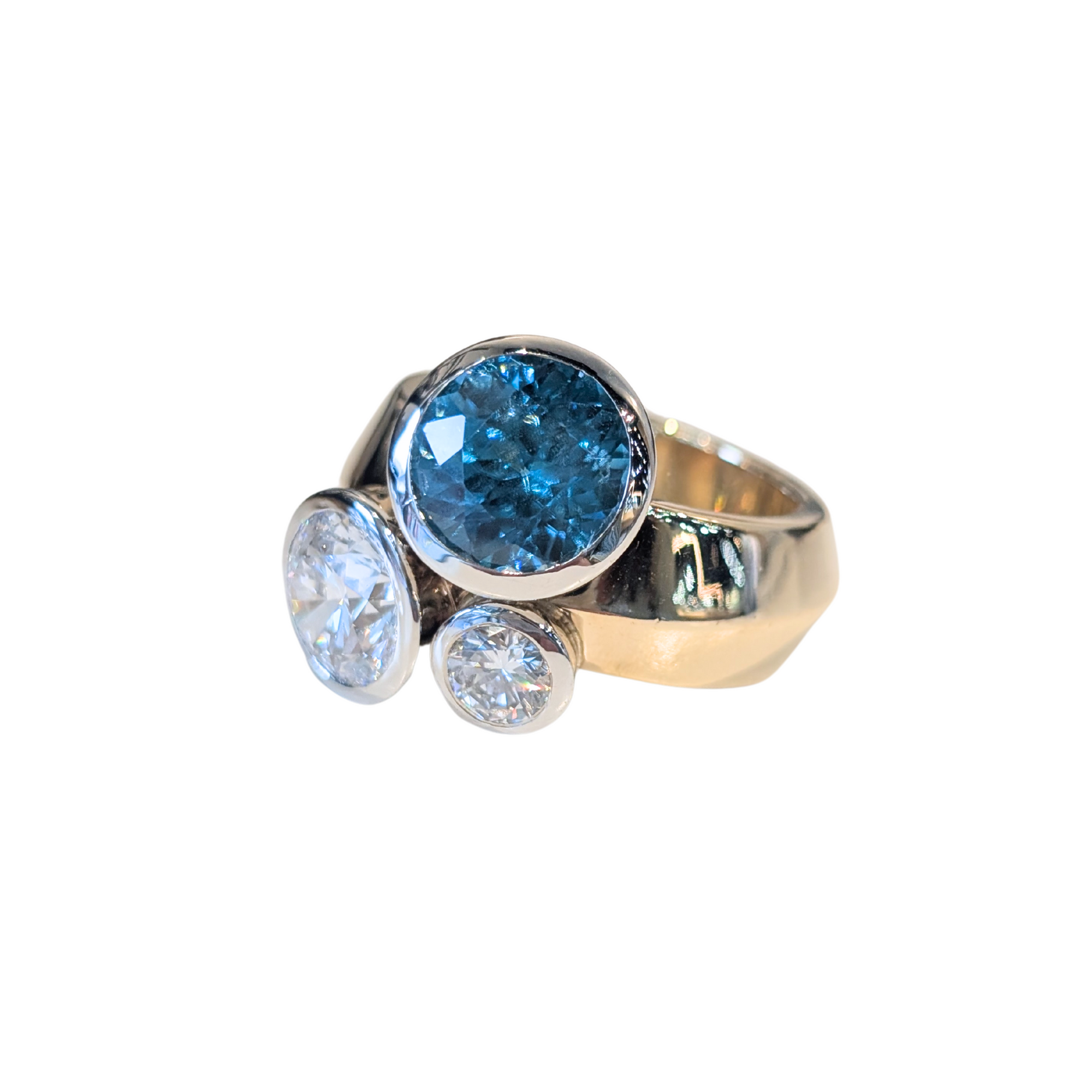 18k Yellow & 14k White Gold Blue Zircon & Diamond 'Facet' Ring