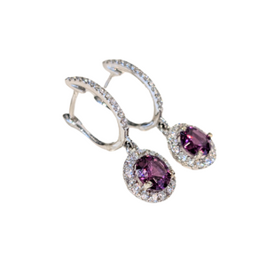 14k W/G Purple Garnet Halo Dangle Earrings