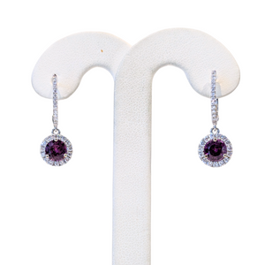 14k W/G Purple Garnet Halo Dangle Earrings