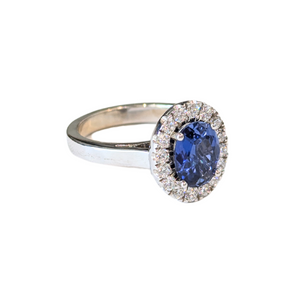 14k White Gold Blue Sapphire & Diamond Halo Ring