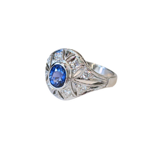 14K White Gold Filigree Sapphire & Diamond Ring