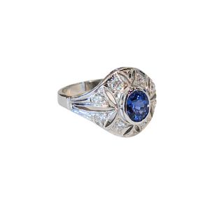 14K White Gold Filigree Sapphire & Diamond Ring