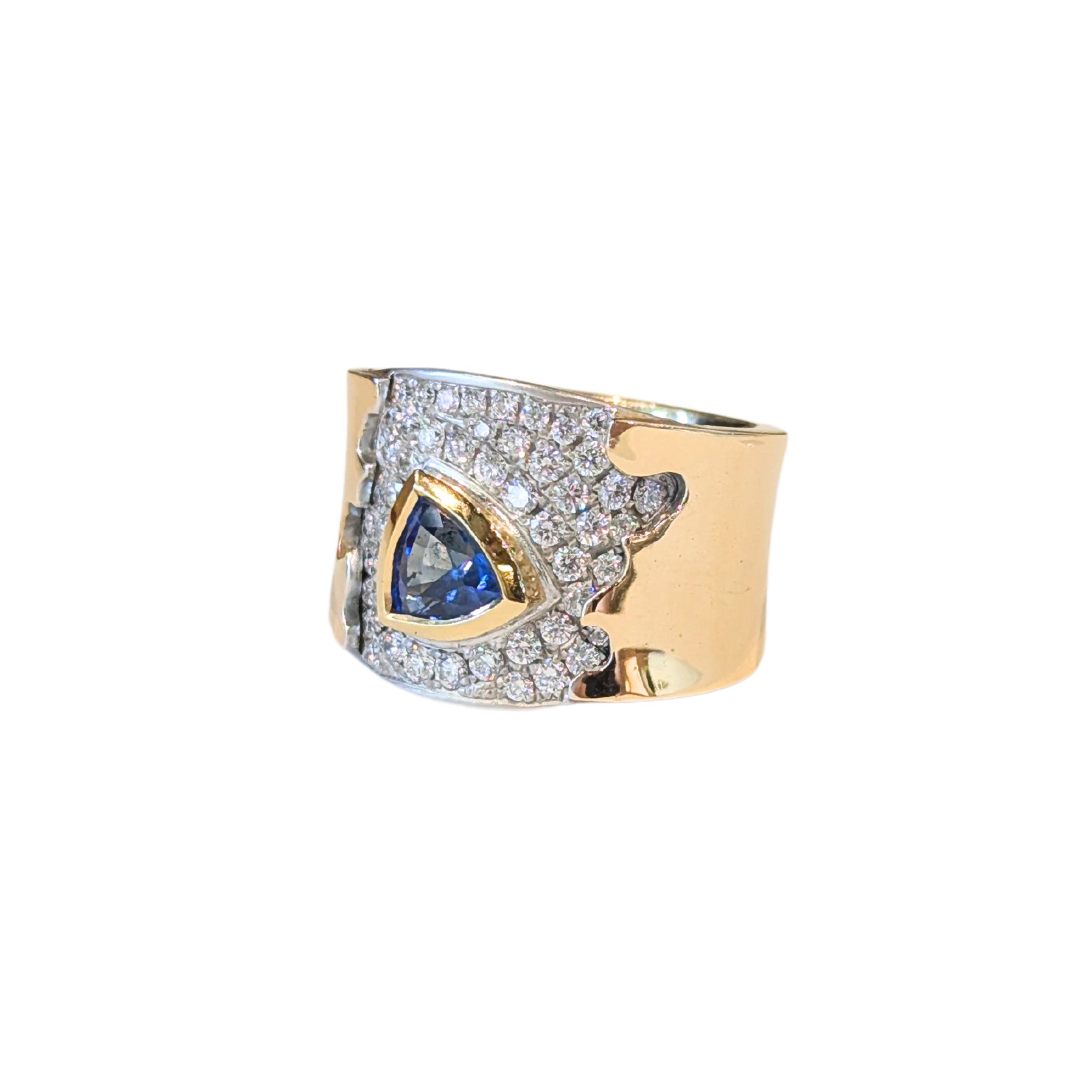 14K Yellow Gold Ultra-wide Blue Sapphire & Diamond Canyon Ring