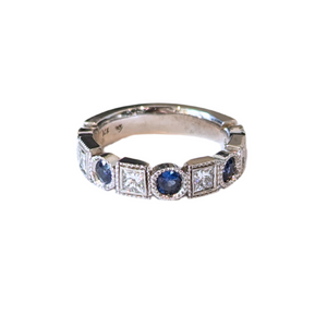 14k White Gold Milgrain Sapphire & Diamond Alternating Band