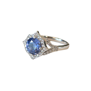 14k White Gold Cornflower Blue Fancy Halo Ring