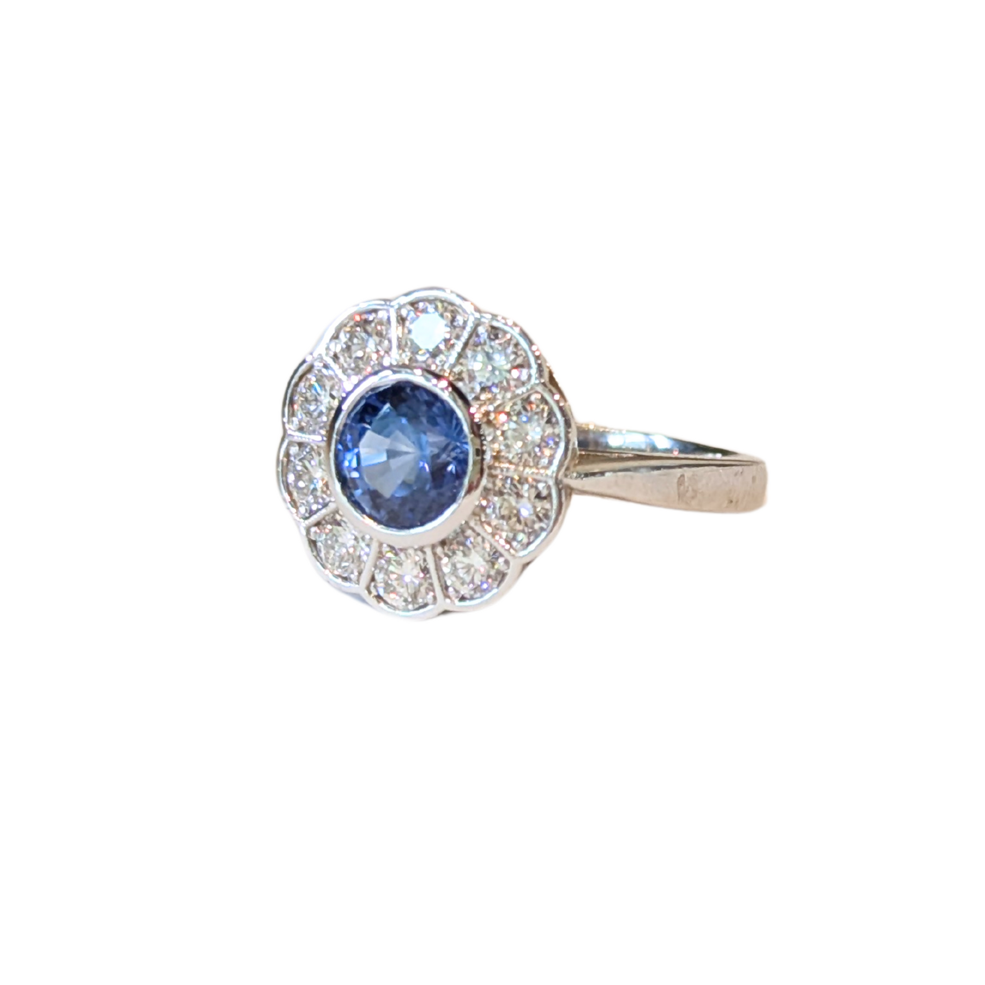 14k White Gold Flower Halo Sapphire & Diamond Ring