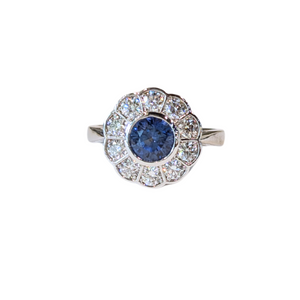 14k White Gold Flower Halo Sapphire & Diamond Ring