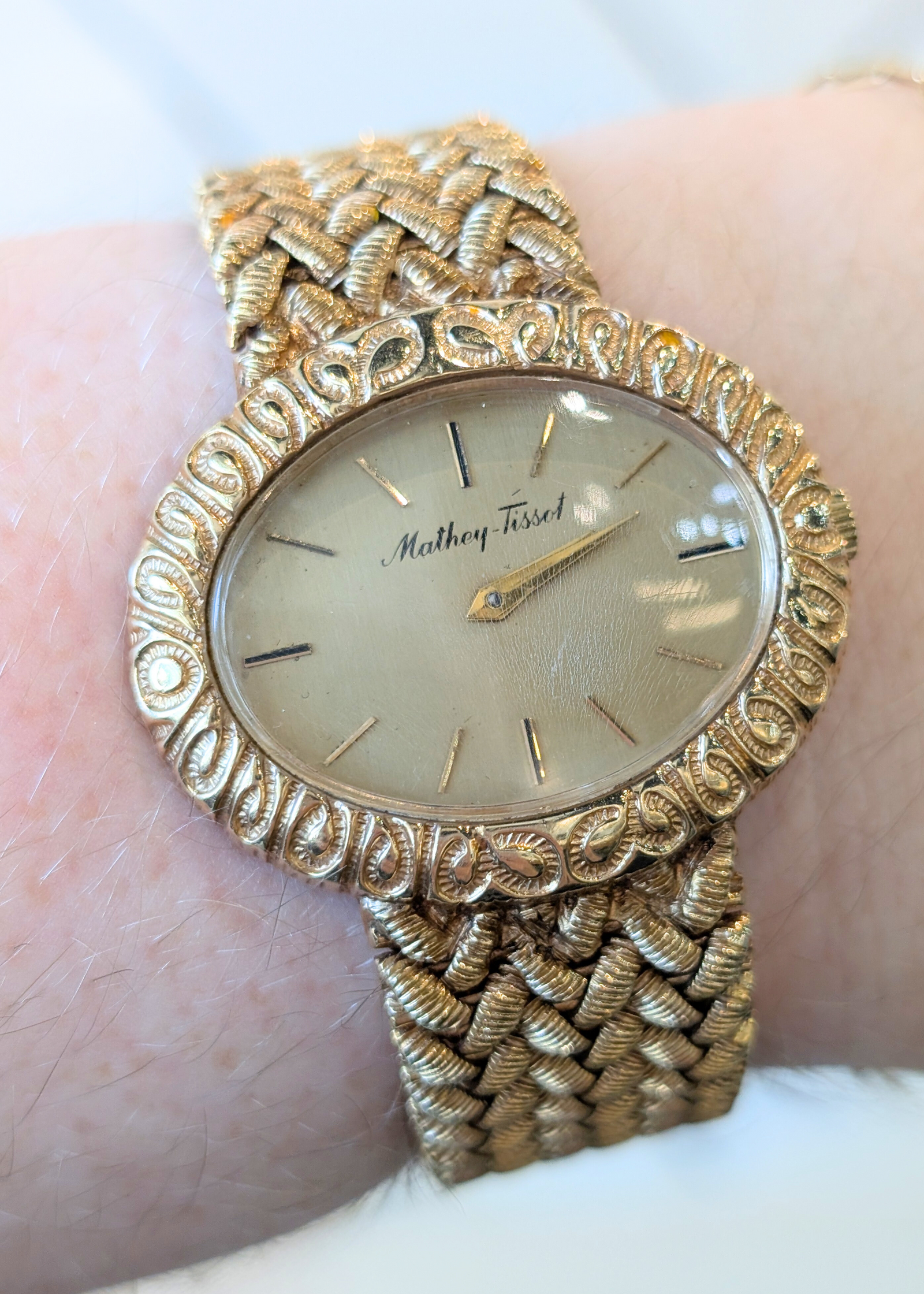 Mathey Tissot Vintage 14k Yellow Gold Oval Case Watch