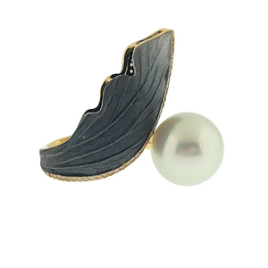 18K Y/G South Sea Pearl Ring with Diamonds and Diamond Dust (Patented)