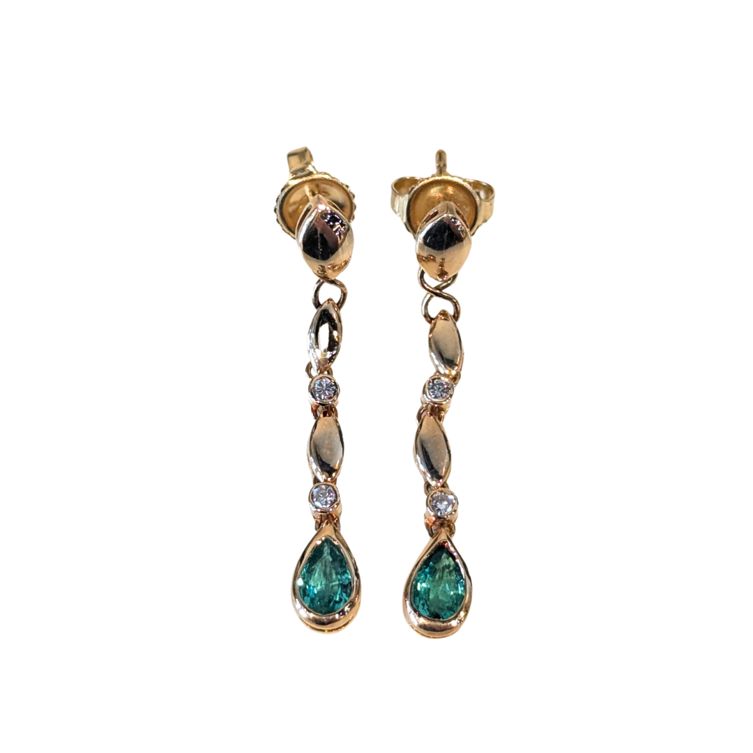 14k Yellow Gold Emerald & Diamond Dangle Earrings