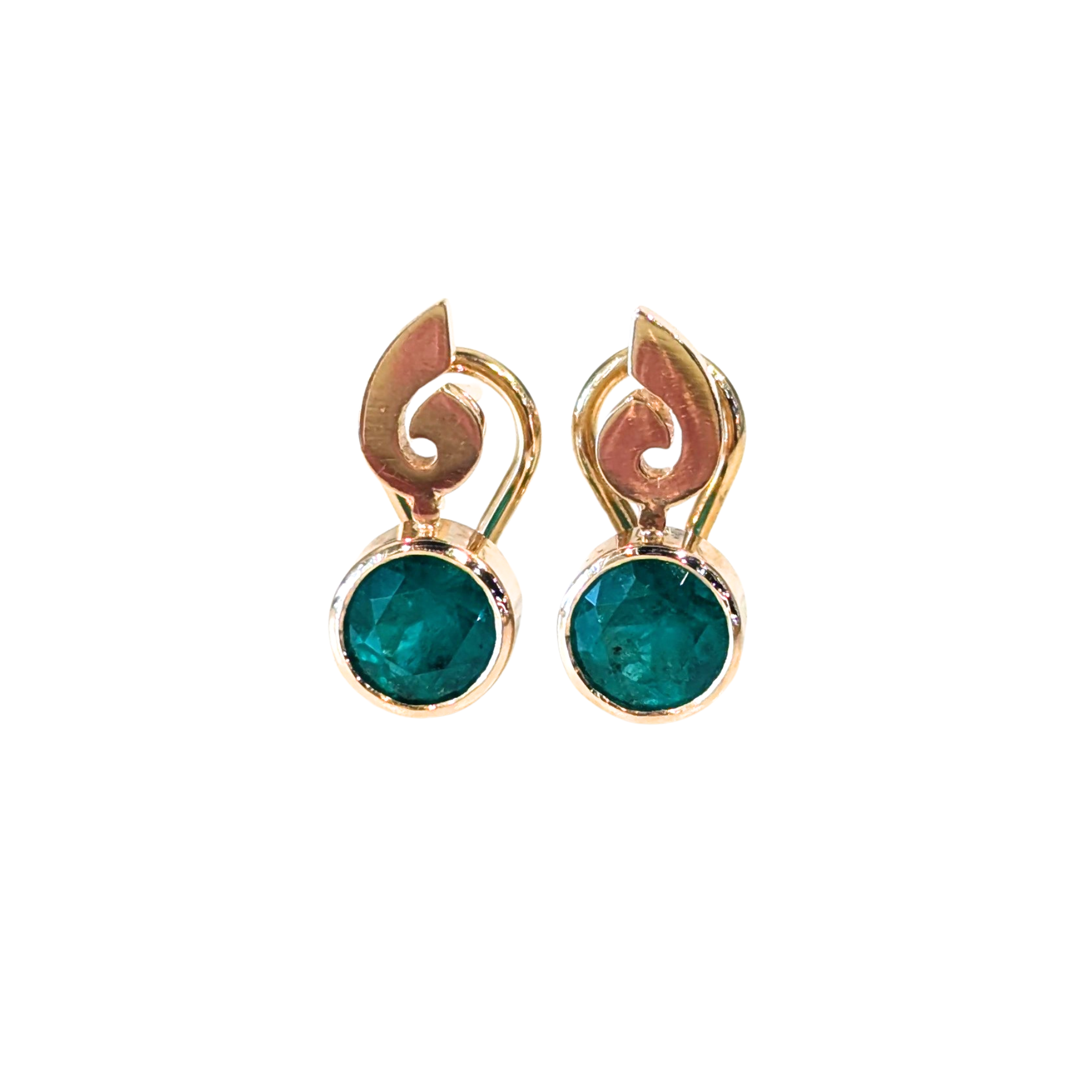 14k Yellow Gold Swirl Emerald Earrings with Omega Backings