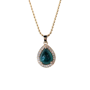 14k Yellow Gold Emerald Cabochon & Diamond Halo Pendant