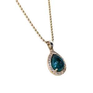 14k Yellow Gold Emerald Cabochon & Diamond Halo Pendant