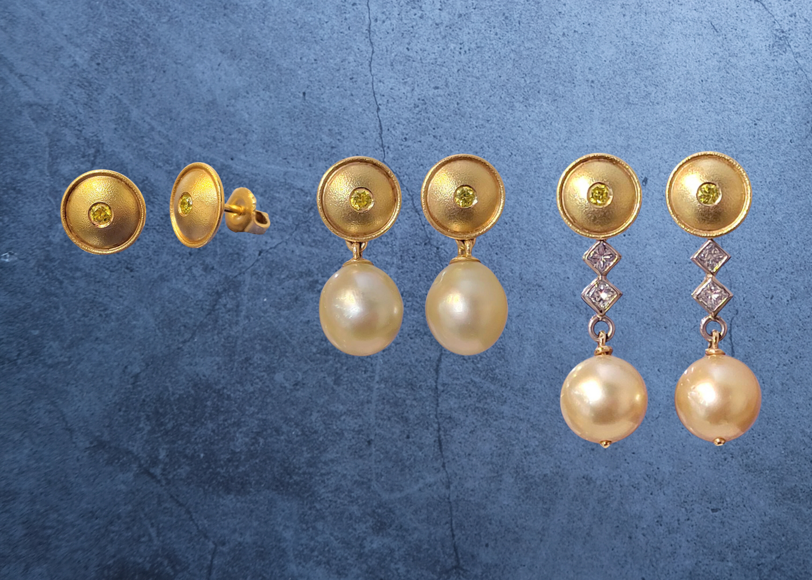 18K Y/G Yellow Diamond Stud Earrings with 2 Pearl Earring Jackets