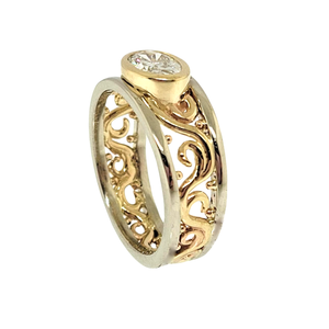 14K Y/W Wide Band Filigree Lab Grown Diamond Ring