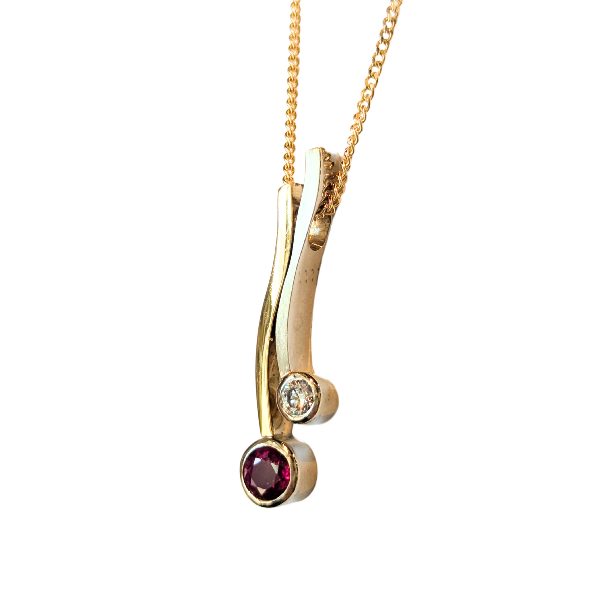 18k White & Yellow Gold Ruby & Diamond Bezel Set Pendant