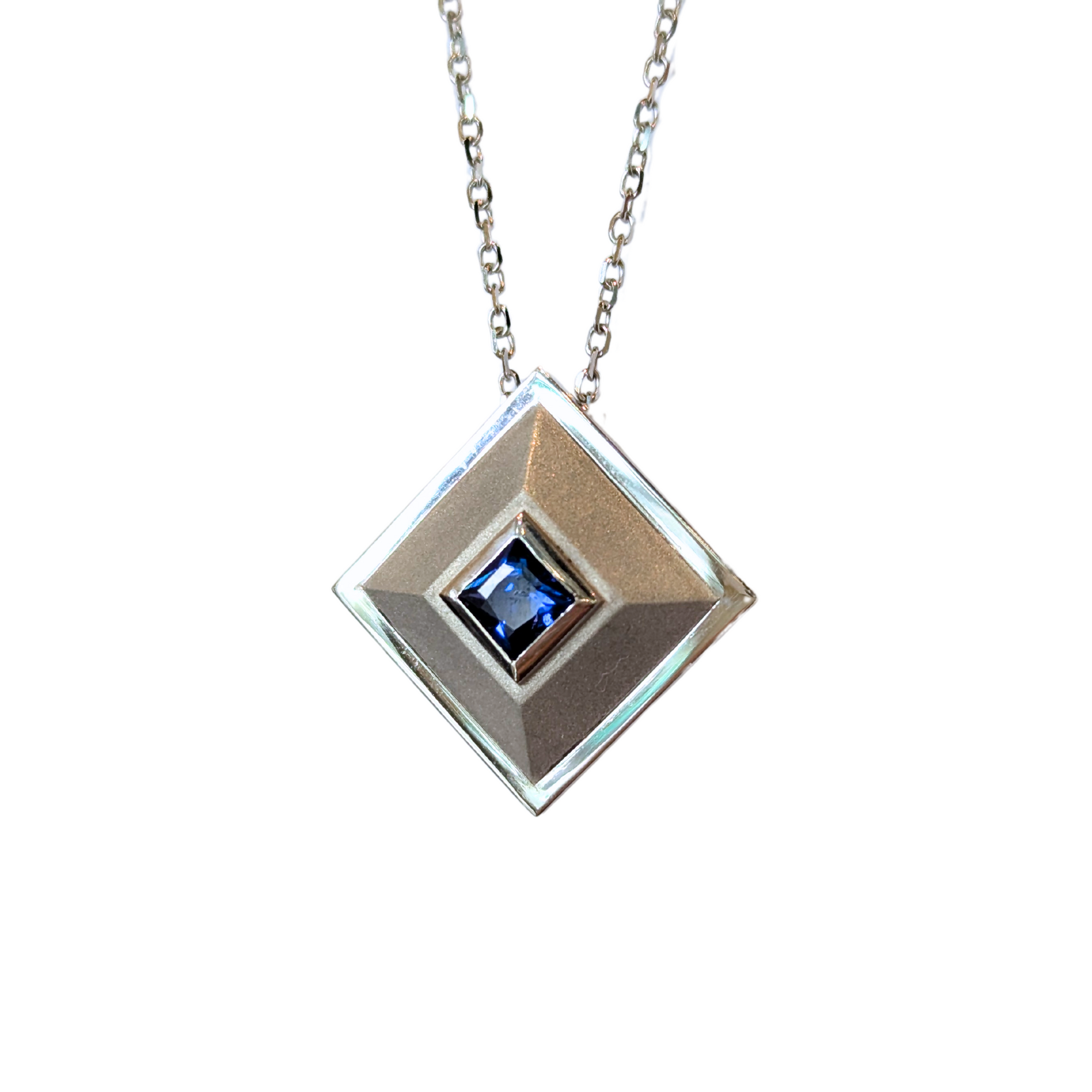 Platinum & 18k White Gold Blue Sapphire Pyramid Pendant