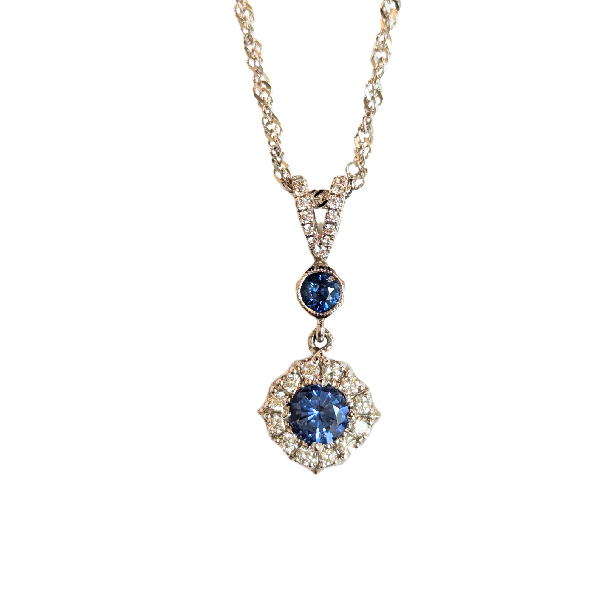 14k White Gold Sapphire & Diamond Halo Bezel Pendant