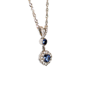 14k White Gold Sapphire & Diamond Halo Bezel Pendant