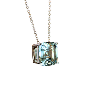 14k White Gold Square Aquamarine Basket Set Pendant