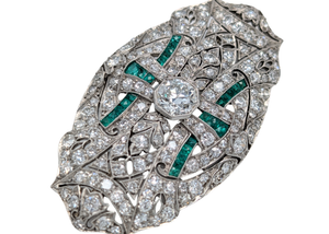 Antique Platinum & White Gold Art Deco Diamond & Emerald Brooch