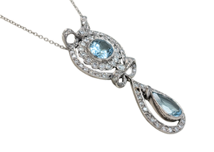 18k White Gold Vintage Bowtie Aquamarine & Diamond Pendant Necklace