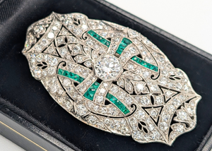 Antique Platinum & White Gold Art Deco Diamond & Emerald Brooch