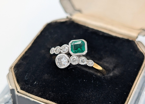 18k Yellow & White Gold Vintage Emerald & Diamond Bypass Style Ring