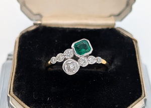 18k Yellow & White Gold Vintage Emerald & Diamond Bypass Style Ring