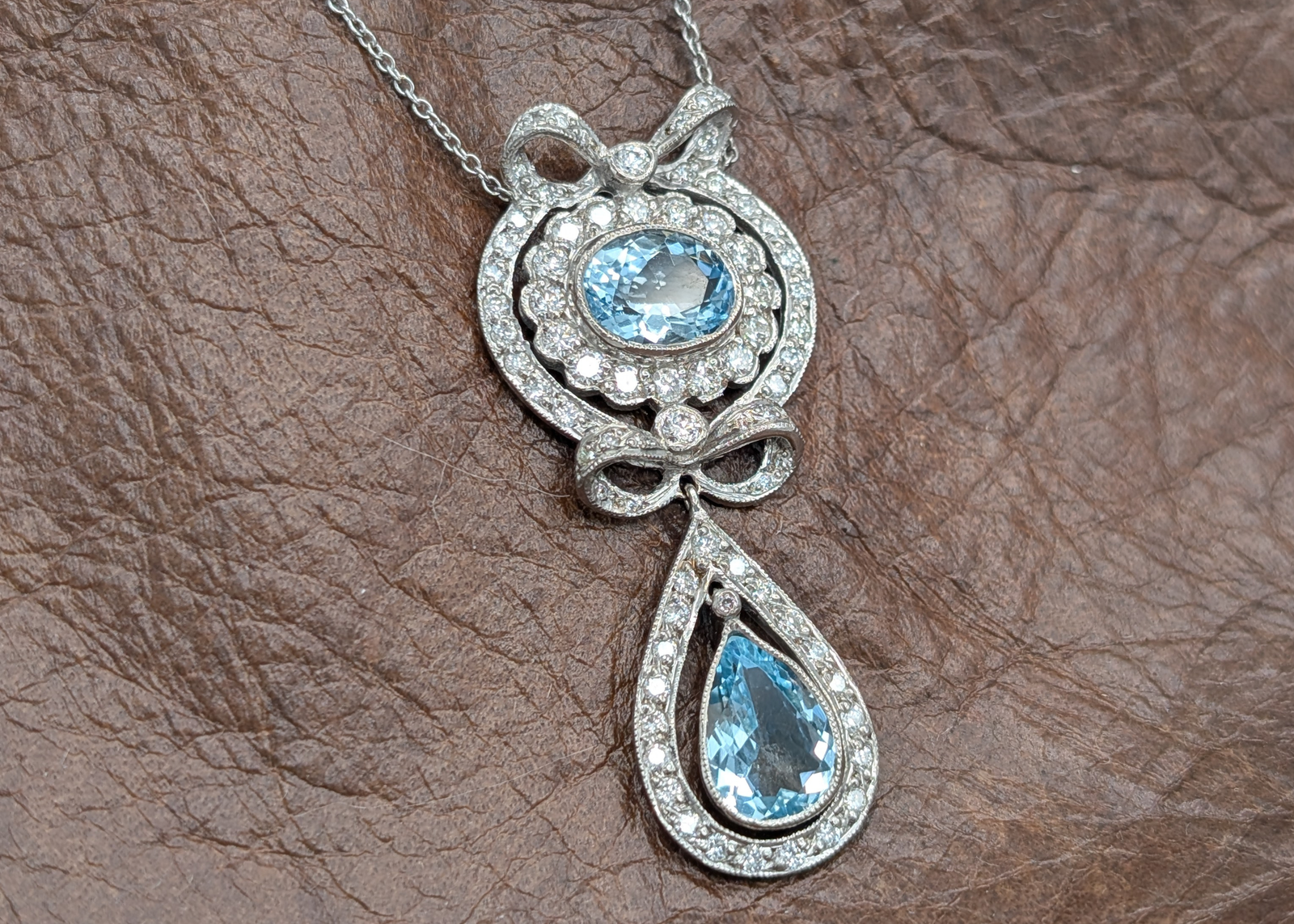 18k White Gold Vintage Bowtie Aquamarine & Diamond Pendant Necklace