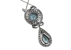 18k White Gold Vintage Bowtie Aquamarine & Diamond Pendant Necklace