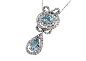 18k White Gold Vintage Bowtie Aquamarine & Diamond Pendant Necklace
