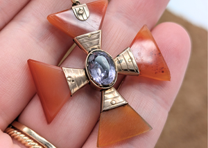 9k Yellow Gold Carnelian & Amethyst Maltese Mourning Cross Pendant