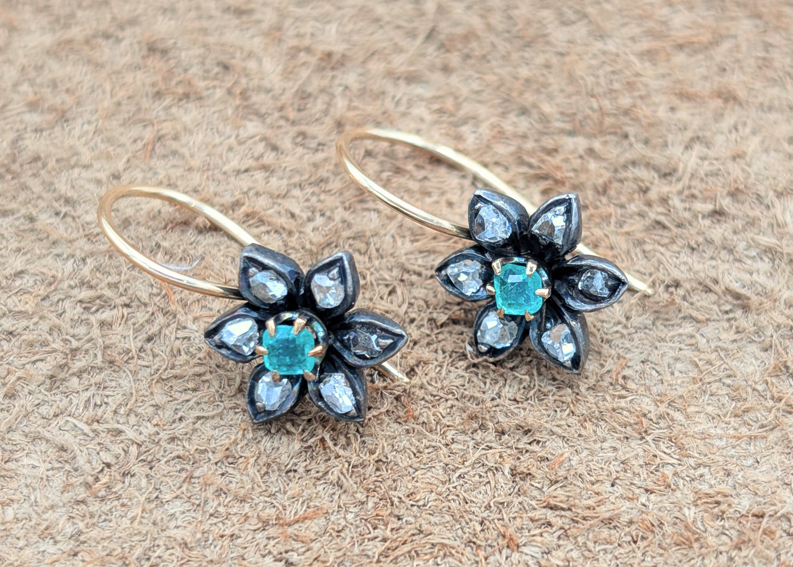Antique Emerald & Diamond Flower Drop Earrings
