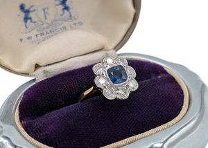 18k Yellow & White Gold Sapphire & Diamond Halo Vintage Ring