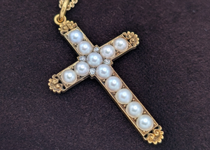 18k Yellow Gold Seed Pearl & Diamond Crucifix